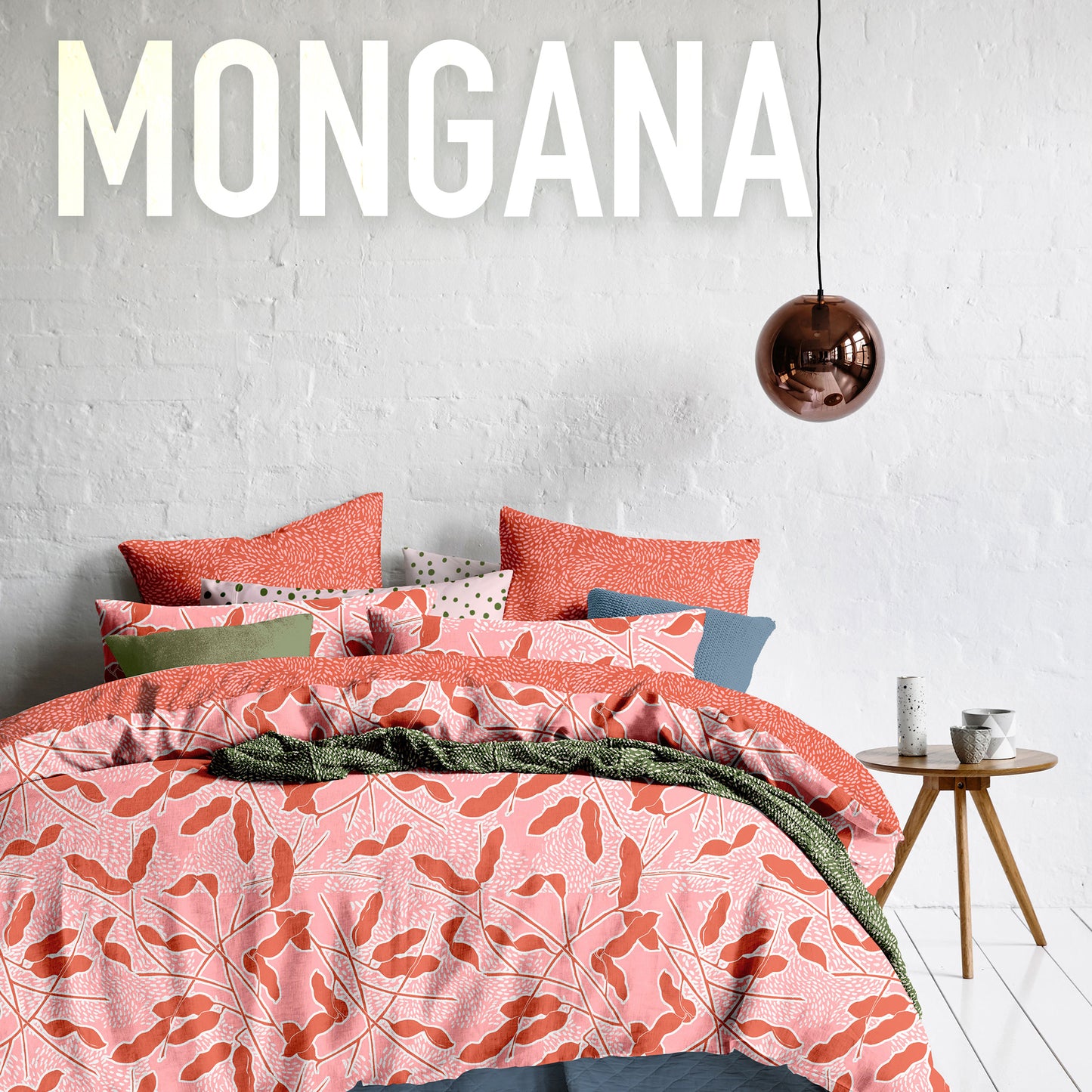 Mongana pods in rust on shell pink linen