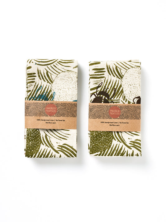 Linen Tea Towel pack - Dung Beetles - earth and blue