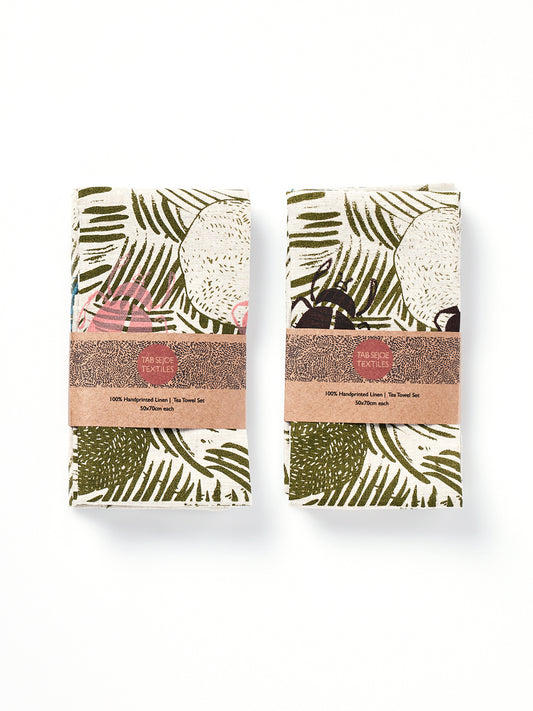 Linen Tea Towel pack - Dung Beetles - earth and pink