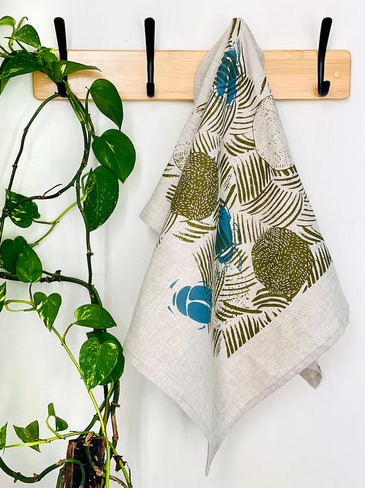 Linen Wall Art_Tea Towel - Dung Beetles - earth blue